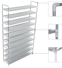 Schuhregal mit 10 Ablagen Metall und Vliesstoff Silbern