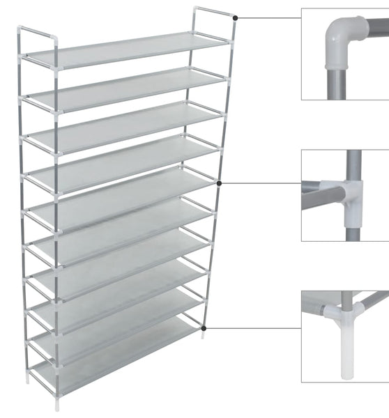 Schuhregal mit 10 Ablagen Metall und Vliesstoff Silbern