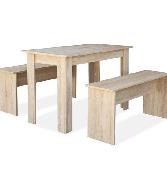 3-tlg. Essgruppe Tisch und Bänke Holzwerkstoff Eiche