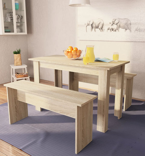3-tlg. Essgruppe Tisch und Bänke Holzwerkstoff Eiche