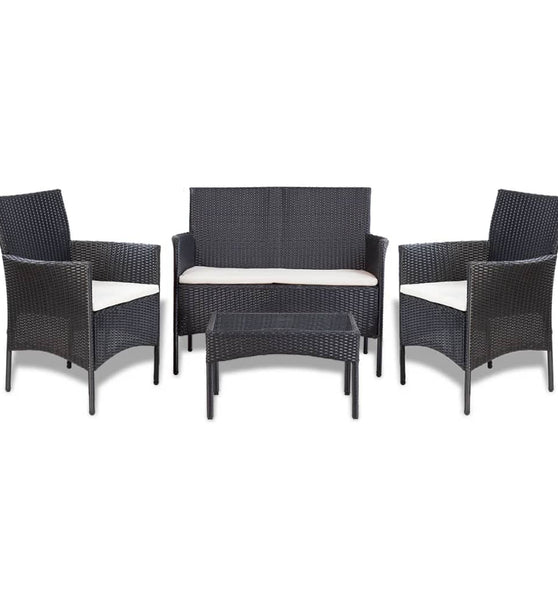 4-tlg. Garten-Lounge-Set mit Auflagen Poly Rattan Schwarz