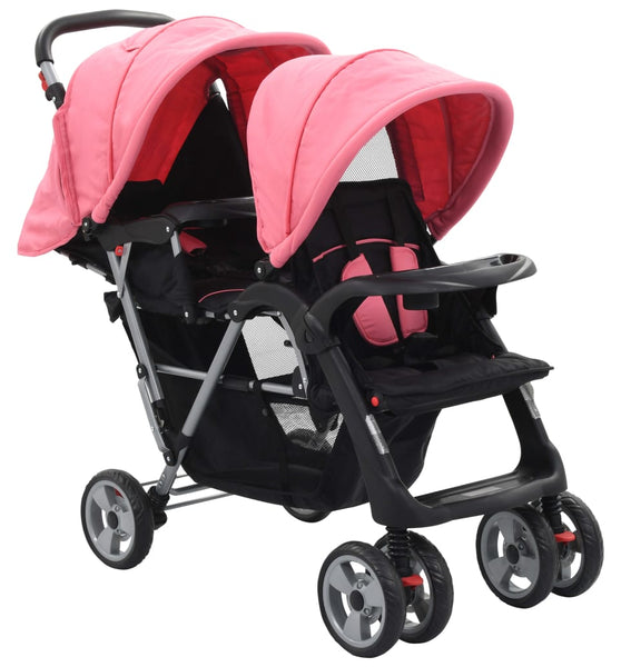 Tandem-Kinderwagen Stahl Rosa und Schwarz