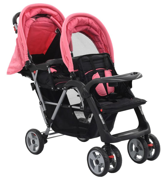 Tandem-Kinderwagen Stahl Rosa und Schwarz