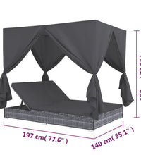 Outdoor-Lounge-Bett mit Vorhängen Poly Rattan Grau