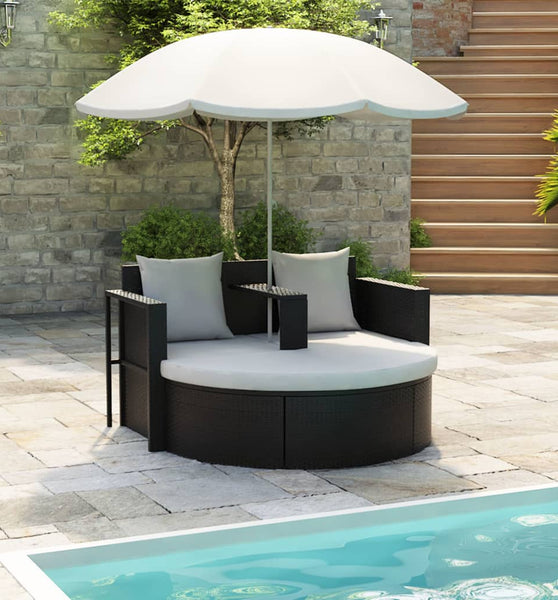 Gartenbett mit Sonnenschirm Braun Poly Rattan