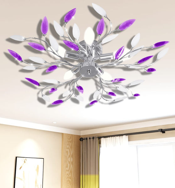 Deckenlampe Lila und weiße Blätterranken mit Acryl-Blättern 5x E14