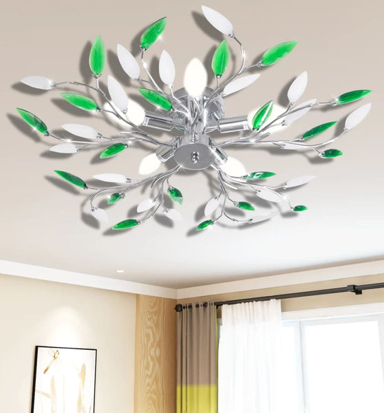 Deckenlampe güne und weiße Blätterranken mit Acryl-Blättern 5x E14