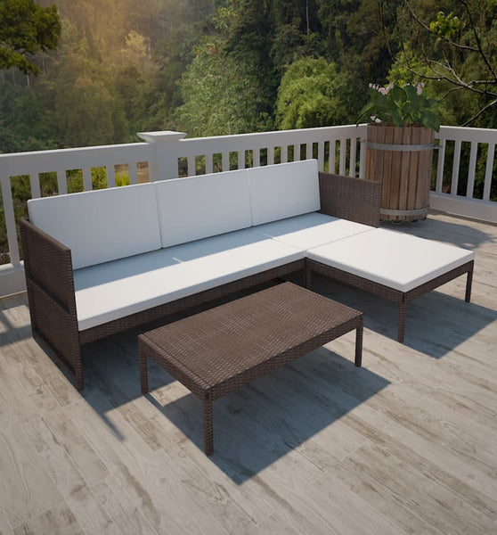 3-tlg. Garten-Lounge-Set mit Auflagen Poly Rattan Braun