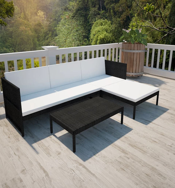 3-tlg. Garten-Lounge-Set mit Auflagen Poly Rattan Schwarz