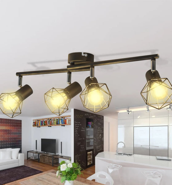 Deckenstrahler mit 4 LED-Glühlampen Industrie-Stil Drahtschirm Schwarz