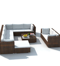 10-tlg. Garten-Lounge-Set mit Auflagen Poly Rattan Braun