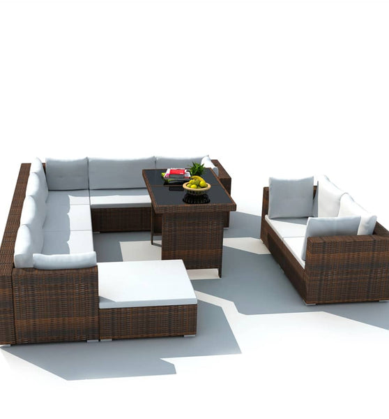 10-tlg. Garten-Lounge-Set mit Auflagen Poly Rattan Braun