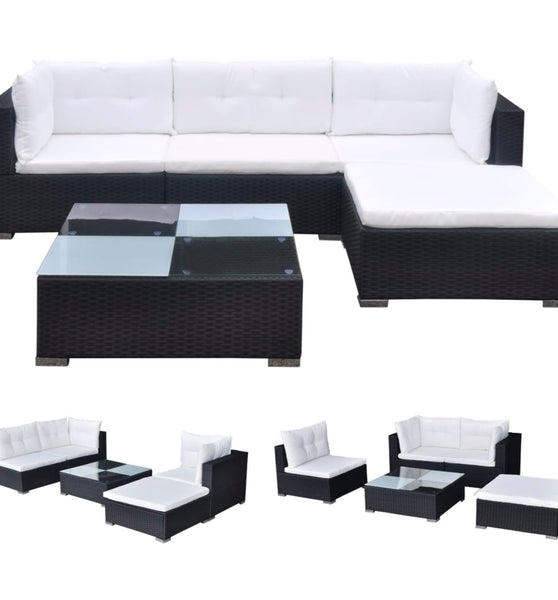 5-tlg. Garten-Lounge-Set mit Kissen Poly Rattan Schwarz