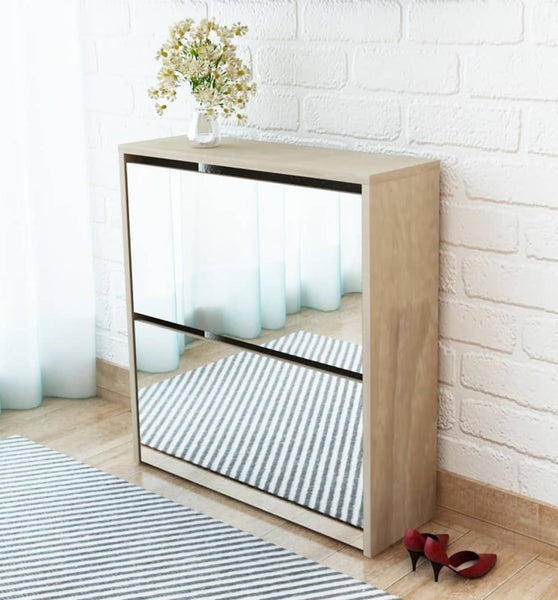 Schuhschrank mit 2 Fächern Spiegel Eiche-Optik 63x17x67 cm