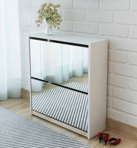 Schuhschrank mit 2 Fächern Spiegel Weiß 63x17x67 cm