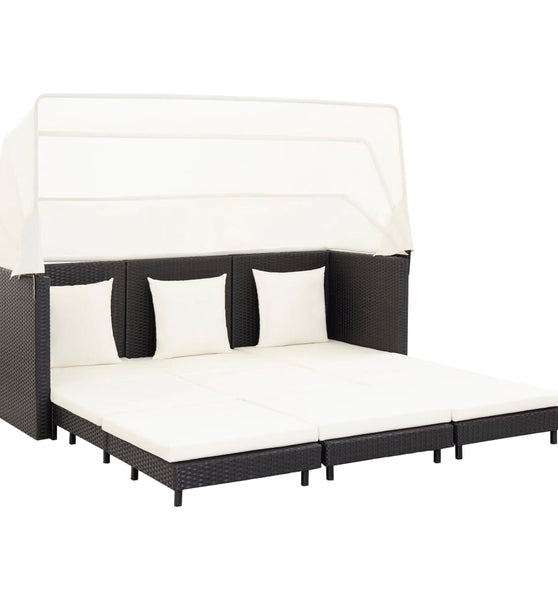 Ausziehbares 3-Sitzer-Schlafsofa mit Dach Poly Rattan Schwarz
