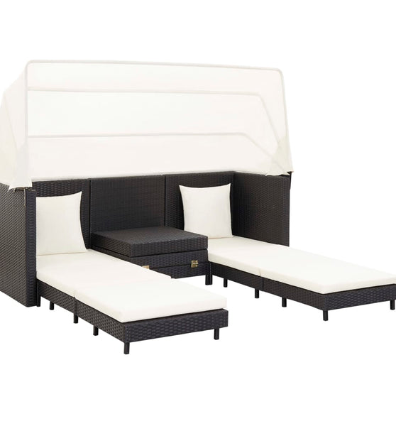 Ausziehbares 3-Sitzer-Schlafsofa mit Dach Poly Rattan Schwarz