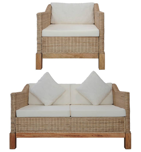 2-tlg. Sofagarnitur mit Kissen Natur Rattan
