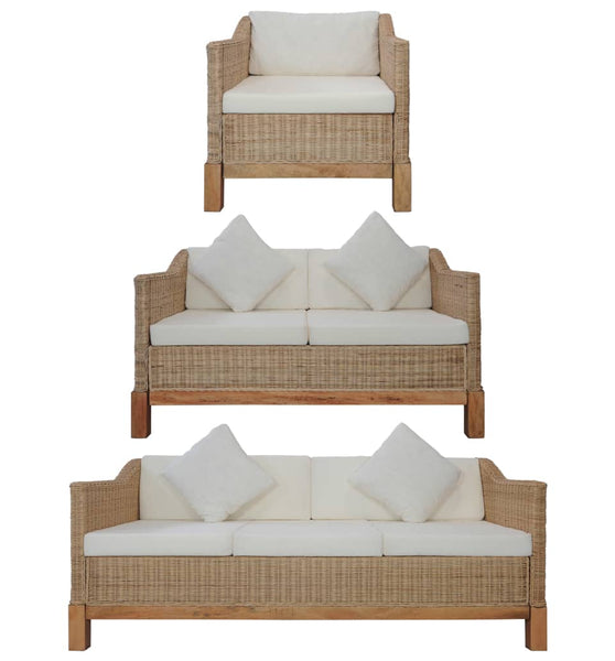 3-tlg. Sofagarnitur mit Auflagen Natur Rattan