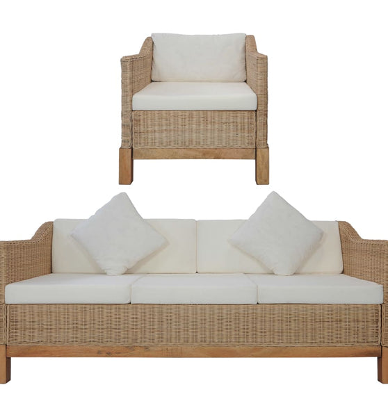 2-tlg. Sofagarnitur mit Auflagen Natur Rattan