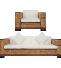 2-tlg. Sofagarnitur mit Auflagen Braun Natur Rattan