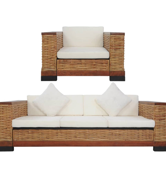 2-tlg. Sofagarnitur mit Auflagen Braun Natur Rattan