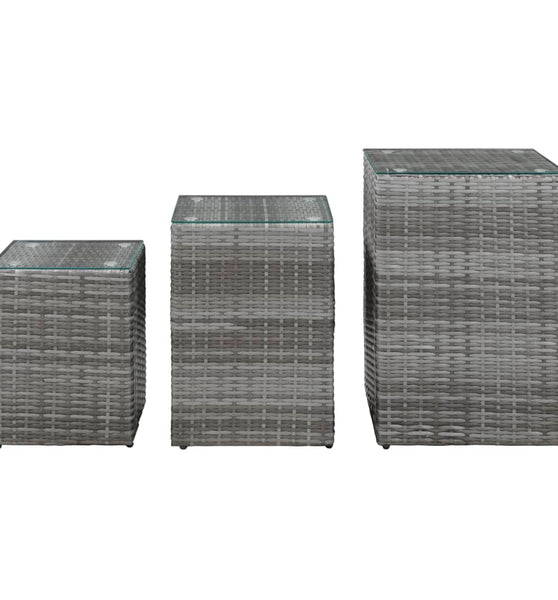 Beistelltische 3 Stk. mit Glasplatte Grau Poly Rattan