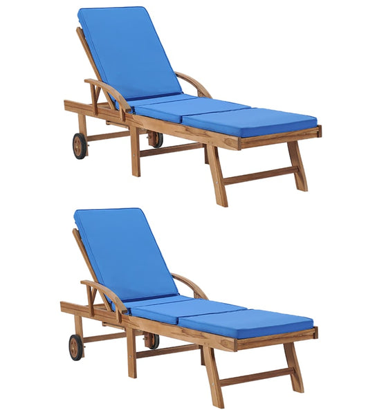 Sonnenliegen mit Auflagen 2 Stk. Massivholz Teak Blau