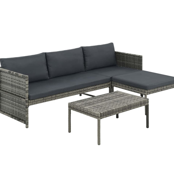 3-tlg. Garten-Lounge-Set mit Kissen Poly Rattan Grau