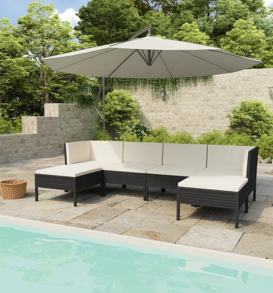 6-tlg. Garten-Lounge-Set mit Auflagen Poly Rattan Schwarz