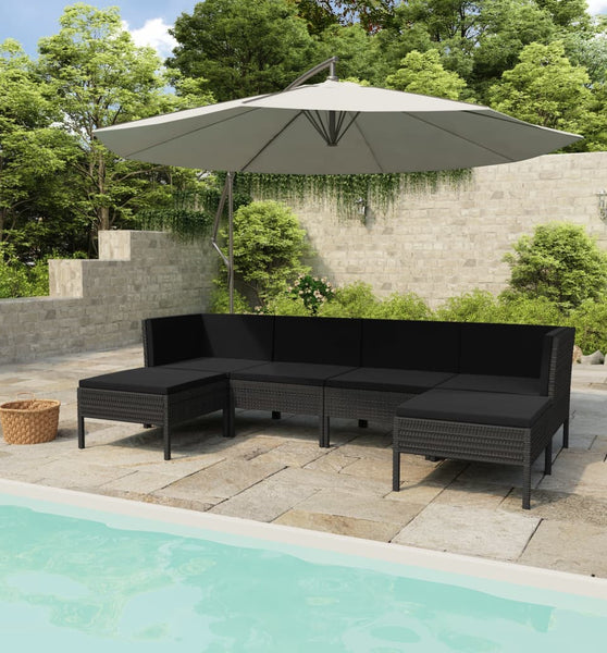 6-tlg. Garten-Lounge-Set mit Auflagen Poly Rattan Schwarz