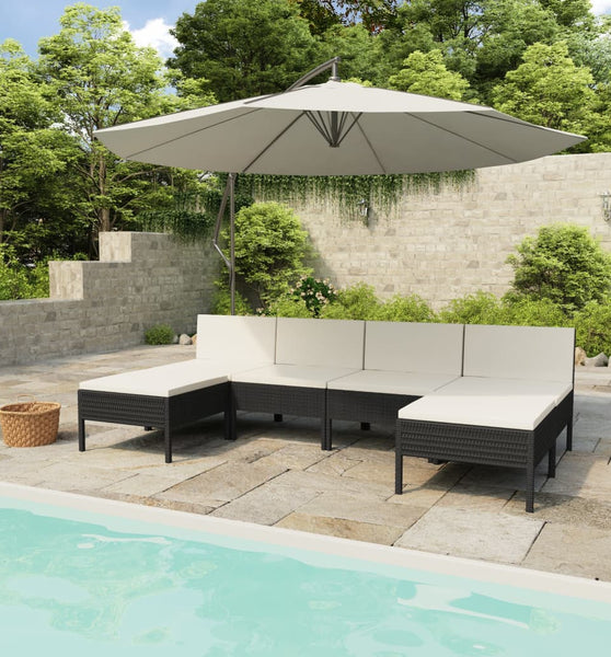 6-tlg. Garten-Lounge-Set mit Auflagen Poly Rattan Schwarz