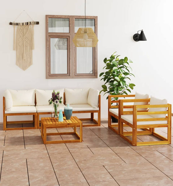 6-tlg. Garten-Lounge-Set mit Auflagen Creme Massivholz Akazie