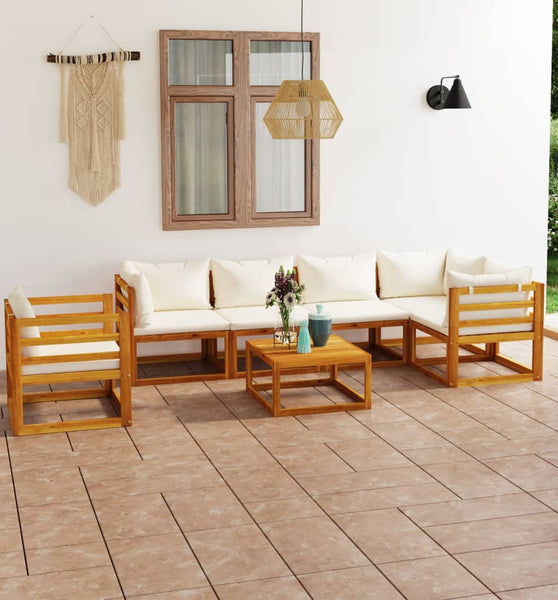 7-tlg. Garten-Lounge-Set mit Auflagen Creme Massivholz Akazie