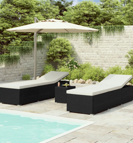 3-tlg. Garten-Sonnenliegen mit Teetisch Poly Rattan Schwarz