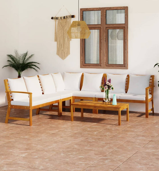 6-tlg. Garten-Lounge-Set mit Auflagen Creme Massivholz Akazie