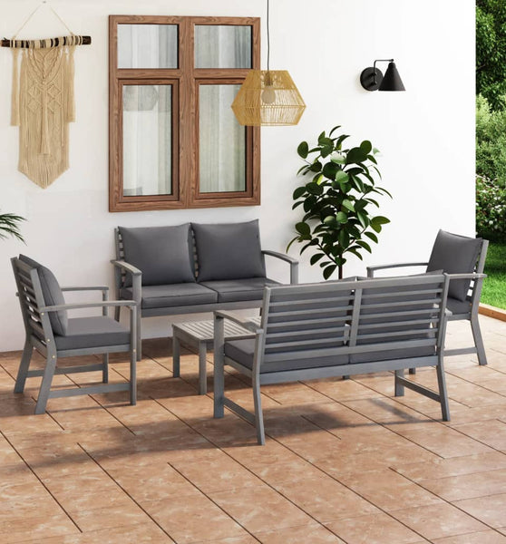 5-tlg. Garten-Lounge-Set mit Auflagen Massivholz Akazie Grau