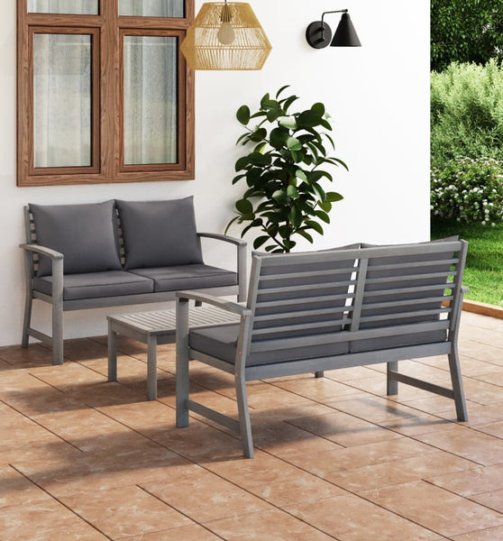 3-tlg. Garten-Lounge-Set mit Auflagen Massivholz Akazie Grau