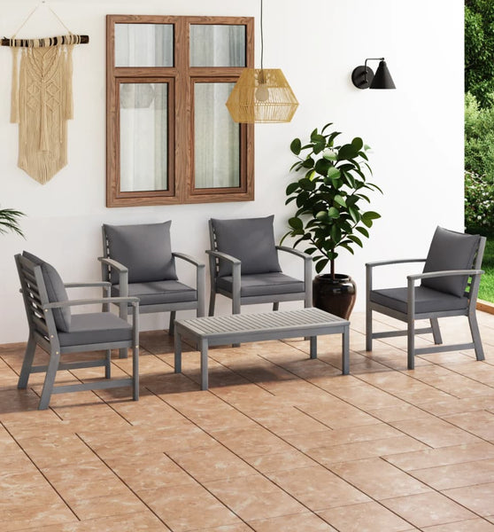 5-tlg. Garten-Lounge-Set mit Auflagen Massivholz Akazie Grau