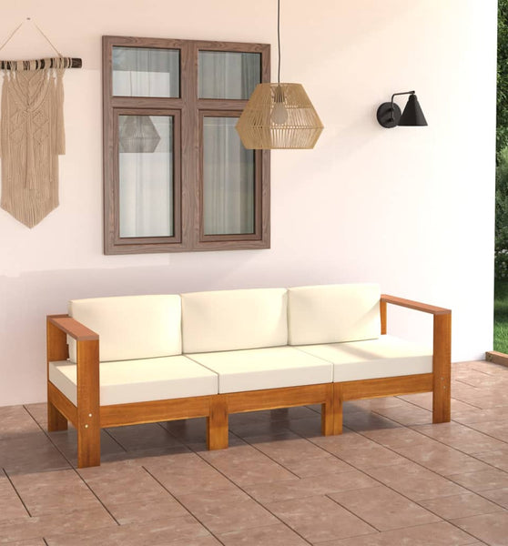 3-Sitzer-Gartensofa mit Cremeweißen Auflagen Massivholz Akazie