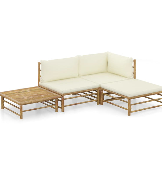 4-tlg. Garten-Lounge-Set mit Cremeweißen Kissen Bambus