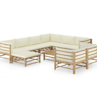 10-tlg. Garten-Lounge-Set mit Cremeweißen Kissen Bambus