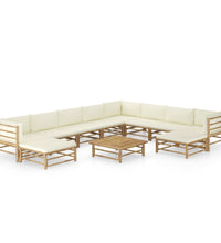 11-tlg. Garten-Lounge-Set mit Cremeweißen Kissen Bambus