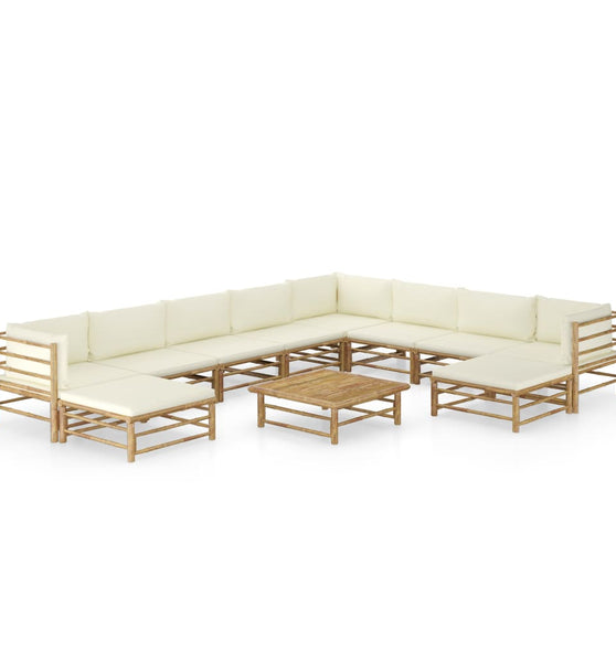 11-tlg. Garten-Lounge-Set mit Cremeweißen Kissen Bambus