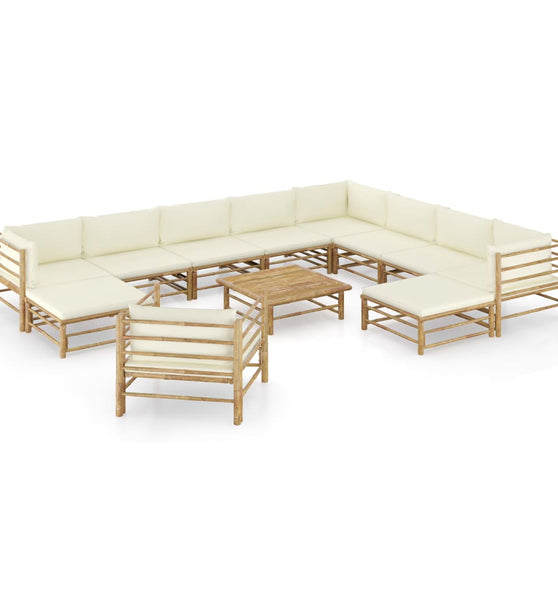 12-tlg. Garten-Lounge-Set mit Cremeweißen Kissen Bambus