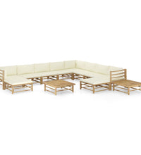 12-tlg. Garten-Lounge-Set mit Cremeweißen Kissen Bambus