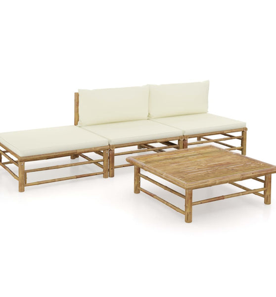 4-tlg. Garten-Lounge-Set mit Cremeweißen Kissen Bambus