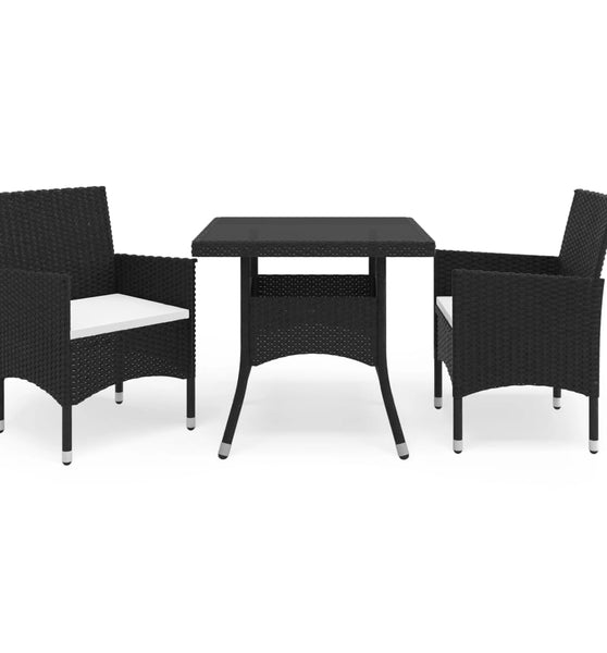 3-tlg. Garten-Essgruppe Schwarz Poly Rattan und Glas