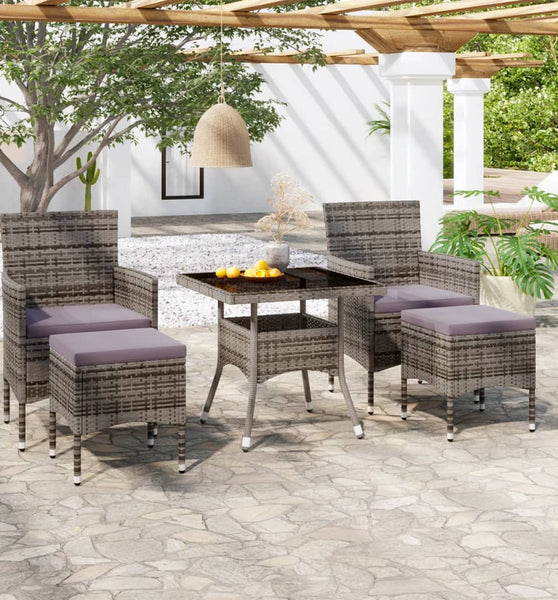 5-tlg. Garten-Essgruppe Poly Rattan und Hartglas Grau