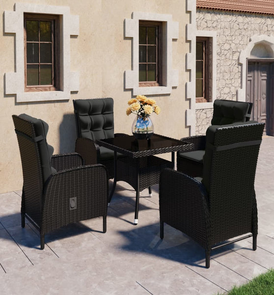 5-tlg. Garten-Essgruppe Poly Rattan und Glas Schwarz